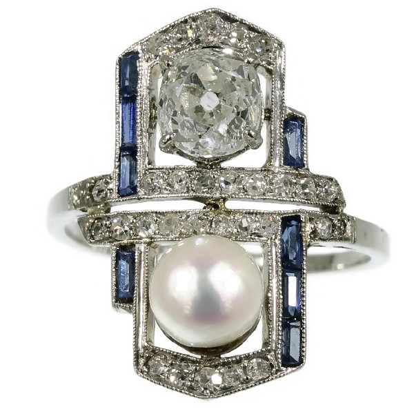 Art Deco pearl diamond engagement ring sapphire (image 2 of 14)